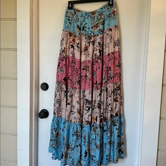 L'Atiste By Amy Boho Maxi Skirt Floral Tiered spring pink blue size medium - Picture 4 of 5